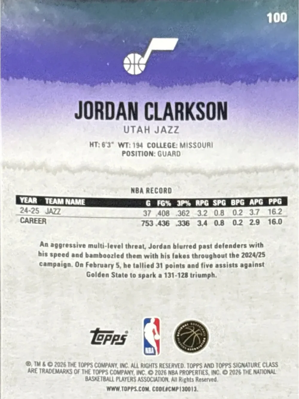Topps Jordan Clarkson Red Parallel Basketball Trading Card - LE 1/25